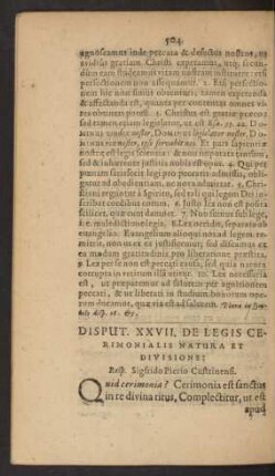 Disput. XXVII. De Legis Cerimonialis Natura Et Divisione: