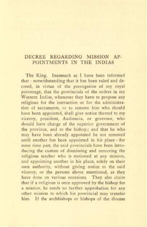 Decree regarding mission appointmens in the Indias