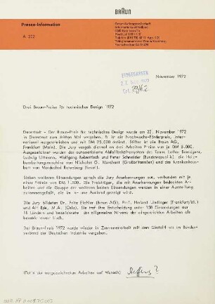 Pressinformation zum Braun Preis 1972
