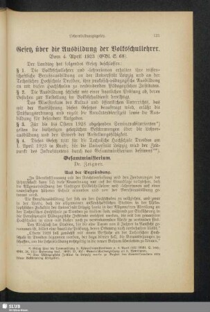 Gesetz über die Ausbildung der Volksschullehrer. Vom 4. April 1923