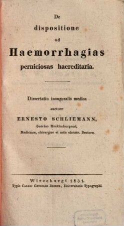 De dispositione ad haemorrhagioas perniciosas haereditaria : Diss. inaug. med.