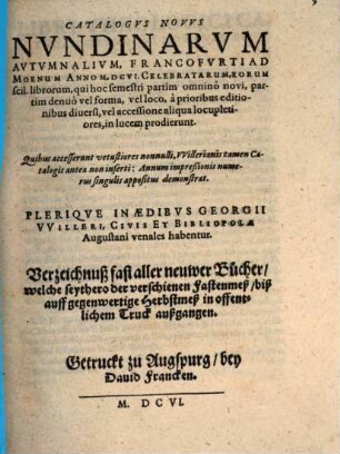 Catalogus novus nundinarum autumnalium, Francofurti ad Moenam Anno M.D.CVI. celebratarum ...