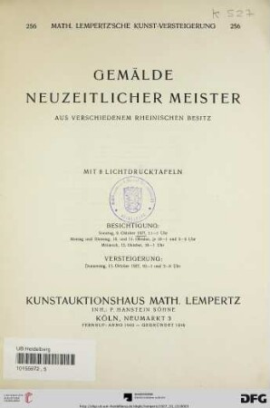 Gemälde neuzeitlicher Meister aus verschiedenem rheinischen Besitz : Versteigerung: Donnerstag, 13. Oktober 1927 (Katalog Nr. 256)