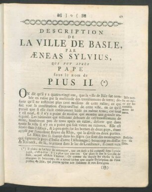 Description De La Ville De Basle, Par Aeneas Sylvius, Qui Fut Après Pape sous le nom de Pius II.