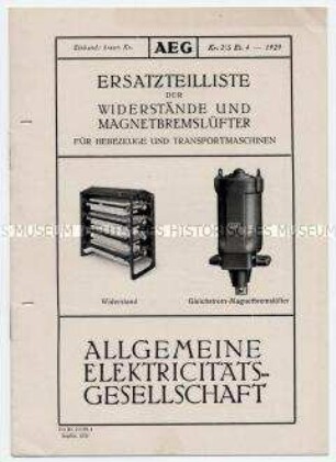 Ersatzteilliste der Widerstände und Magnetbremslüfter für Hebezeuge und Transportmaschinen