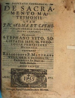 Dispvtatio Theologica, De Sacramento Matrimonii