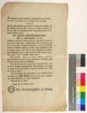 Patent des Magistrates der Stadt Leipzig über die Rekrutierung von Soldaten