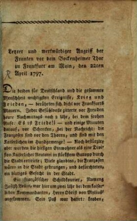 Letzter und merkwürdiger Angriff der Franken vor dem Bockenheimer Thor zu Frankfurt am Main, den 22ten April 1797.