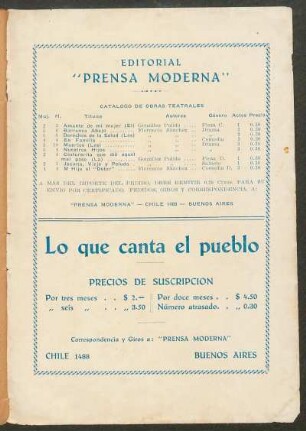 Catálogo de obras teatrales : Editorial "Prensa Moderna"