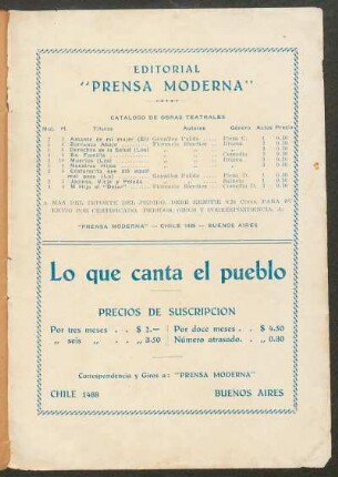 Catálogo de obras teatrales : Editorial "Prensa Moderna"