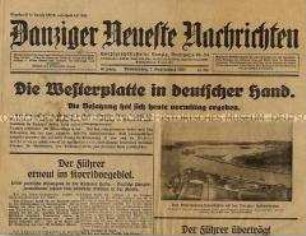 Tageszeitung "Danziger Neueste Nachrichten" zur Rede Hitlers in Danzig über die "Neuordnung im Osten"