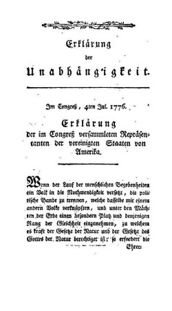 Im Congreß, 4ten Jul. 1776. Erklärung der im Congreß versammleten Repräsentanten der vereinigten Staaten von Amerika.