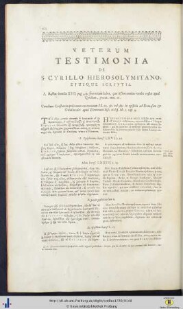 Veterum Testimonia De S. Cyrillo Hierosolymitano Ejusque Scriptis.