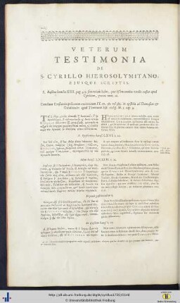 Veterum Testimonia De S. Cyrillo Hierosolymitano Ejusque Scriptis.