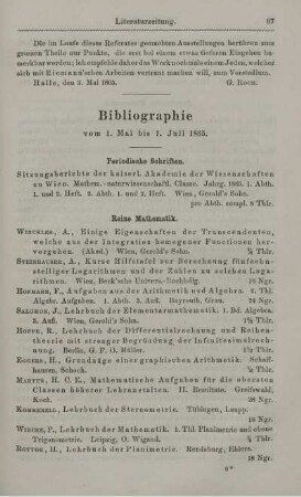 Bibliographie vom 1. Mai bis 1. Juli 1865.