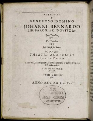 Illustri & Generoso Domino Johanni Bernardo Lib. Baroni a Kunovitz & c.