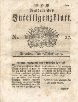 No. 27, Dienstag, den 7. Julius 1795
