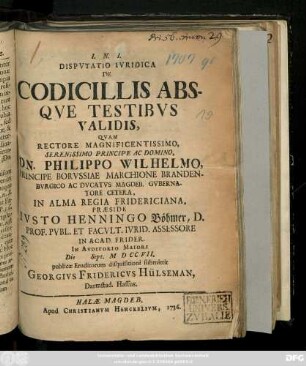 Dispvtatio Ivridica De Codicillis Absqve Testibvs Validis