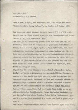 [W164b]: Unbehaustheit als Gesetz : Sigrid Damm: Vögel, die verkünden Land. Das Leben des Jakob Michael Reinhold Lenz. : Aufbau-Verlag Berlin und Weimar. 1985.