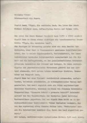 [W164b]: Unbehaustheit als Gesetz : Sigrid Damm: Vögel, die verkünden Land. Das Leben des Jakob Michael Reinhold Lenz. : Aufbau-Verlag Berlin und Weimar. 1985.