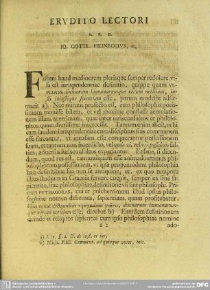Erudito Lectori S. P. D. Io. Gottl. Heineccius, Ic.