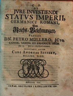 De Jvre Investiendi Statvs Imperii, Germanici Romani : = Von Reichs-Belehnungen
