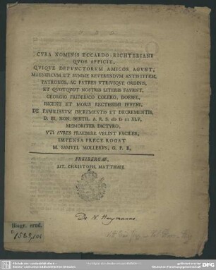 Cura Nominis Eccardo-Richteriani Quos Afficit ... : D. III. Non. Sextil. A. R. S. MDCCXLV. Memoriter Dicturo, Uti Aures Praebere Velint Faciles Impensa Prece