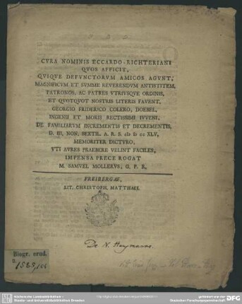 Cura Nominis Eccardo-Richteriani Quos Afficit ... : D. III. Non. Sextil. A. R. S. MDCCXLV. Memoriter Dicturo, Uti Aures Praebere Velint Faciles Impensa Prece