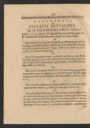 Disputatio De Peccatis Actualibus. Resp. M. Joh. Rodolpho Parco, Basileensi