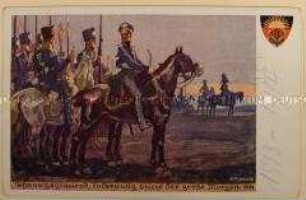 Postkarte des Deutschen Schulvereins mit grafischer Darstellung aus dem Befreiungskrieg, geschrieben von Max Schulze an Ida Thiele; Berlin, 7. Aug. 1914