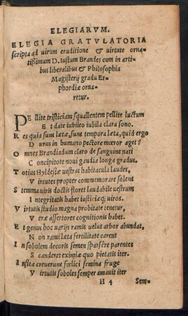 Elegia Gratulatoria scripta ad virum eruditione et virtute ornatißimum D. Iustum Brandes ...