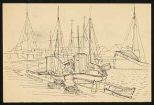 Skizze: Hafen mit Steg und Segelbooten