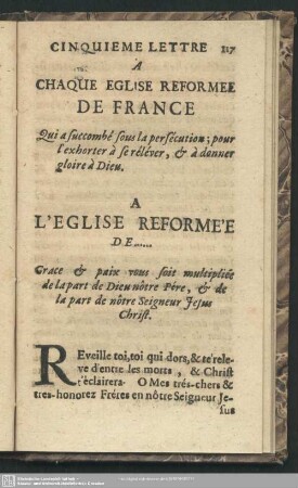 Cinquieme Lettre A Chaque Eglise Reformee De France ...