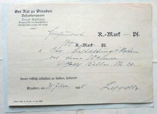 Quittung für Bestattungskosten für Gustav Adolph Wehner