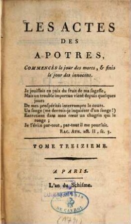 Les actes des apôtres, 13. Commencés le jour des morts, & finis le jour des innocens