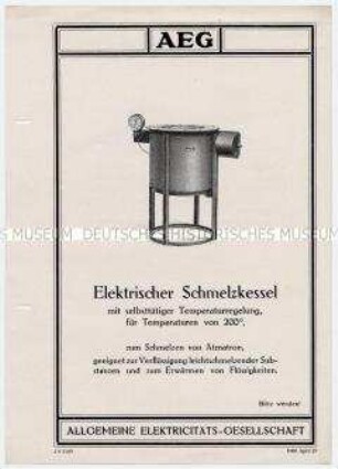 Elektrischer Schmelzkessel mit selbsttätiger Temperaturregelung, für Temperaturen von 200 Grad