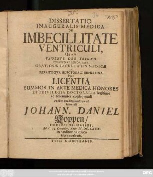 Dissertatio Inauguralis Medica De Imbecillitate Ventriculi,