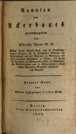 Annalen des Ackerbaues. 9 = Jg. 5. 1809, Stück 1 - 6