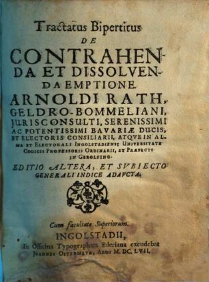 Tractatus bipertitus de contrahenda et dissolvenda emptione