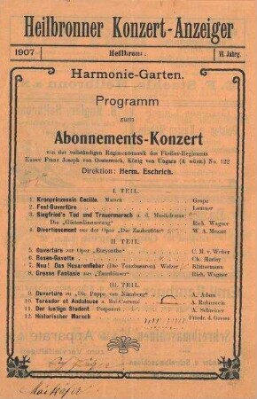 Heilbronner Konzert-Anzeiger VI. Jg. Programm zum Abonnements-Konzert der Regimentsmusik im Harmoniegarten