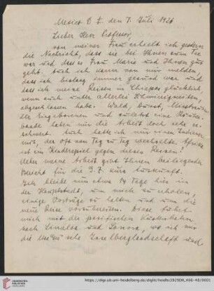 Nachlass Alfred Hettner, Eingegangene Briefe, Korrespondenz Leo Waibel/Alfred Hettner: Brief von Leo Waibel an Alfred Hettner