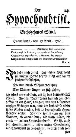 Sechszehntes Stück. Sonnabends, den 17 April, 1762.