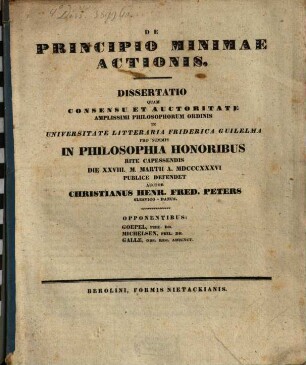 De principio minimae actionis : Diss. (inaug. philos.)