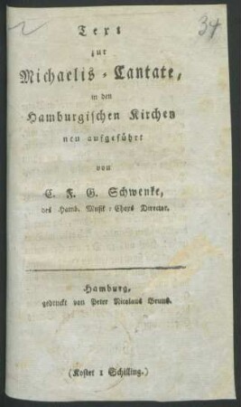 Text zur Michaelis-Cantate, : in den Hamburgischen Kirchen neu aufgeführt