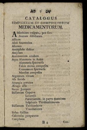 Catalogus Simplicium Et Compositorum Medicamentorum.