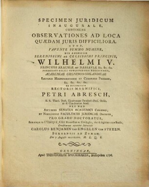 Specimen iur. inaug., continens observationes ad loca quaedam iuris difficiliora