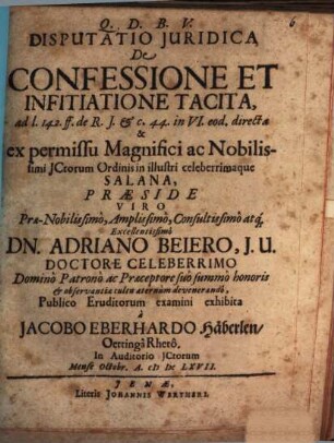 Disp. iur. de confessione et infitiatione tacita