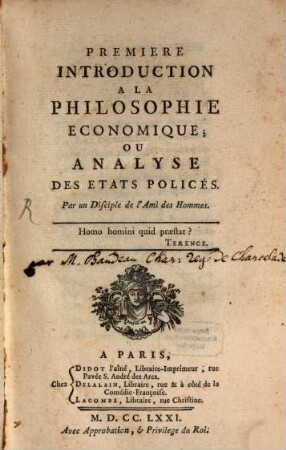 Première introduction à la philosophie économique, ou analyse des états policés