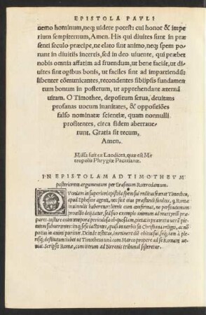 In Epistolam Ad Timotheum posteriorem argumentum per Erasmum Roterodamum.