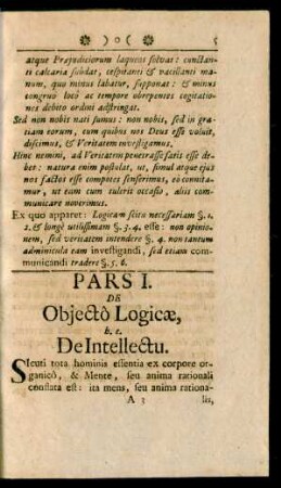 Pars I. De Objectô Logicae, h. e. De Intellectu